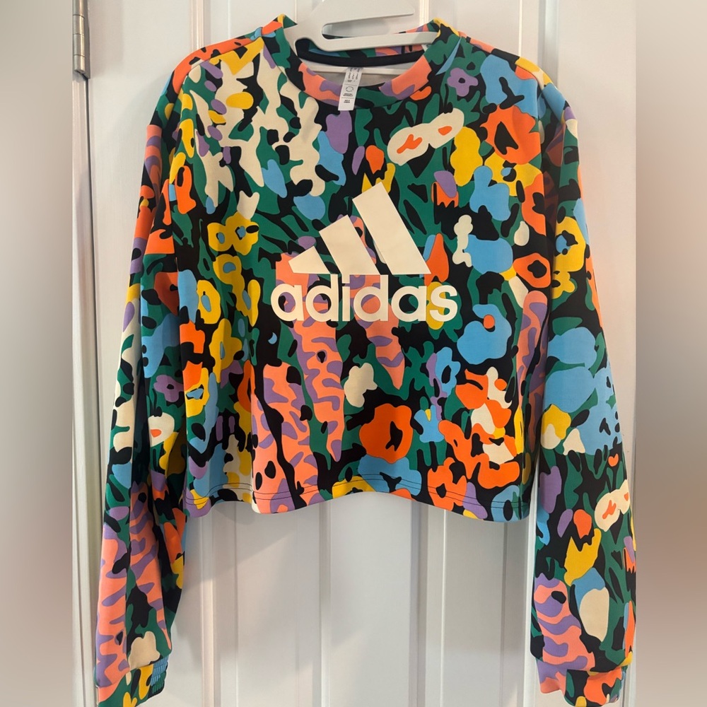 Colorful Adidas cropped sweatshirt in camo/animal print.  Never worn.